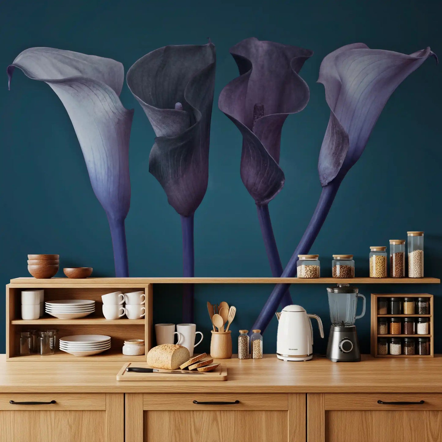 Kitchen in deep tones paired with the calla lily wall mural