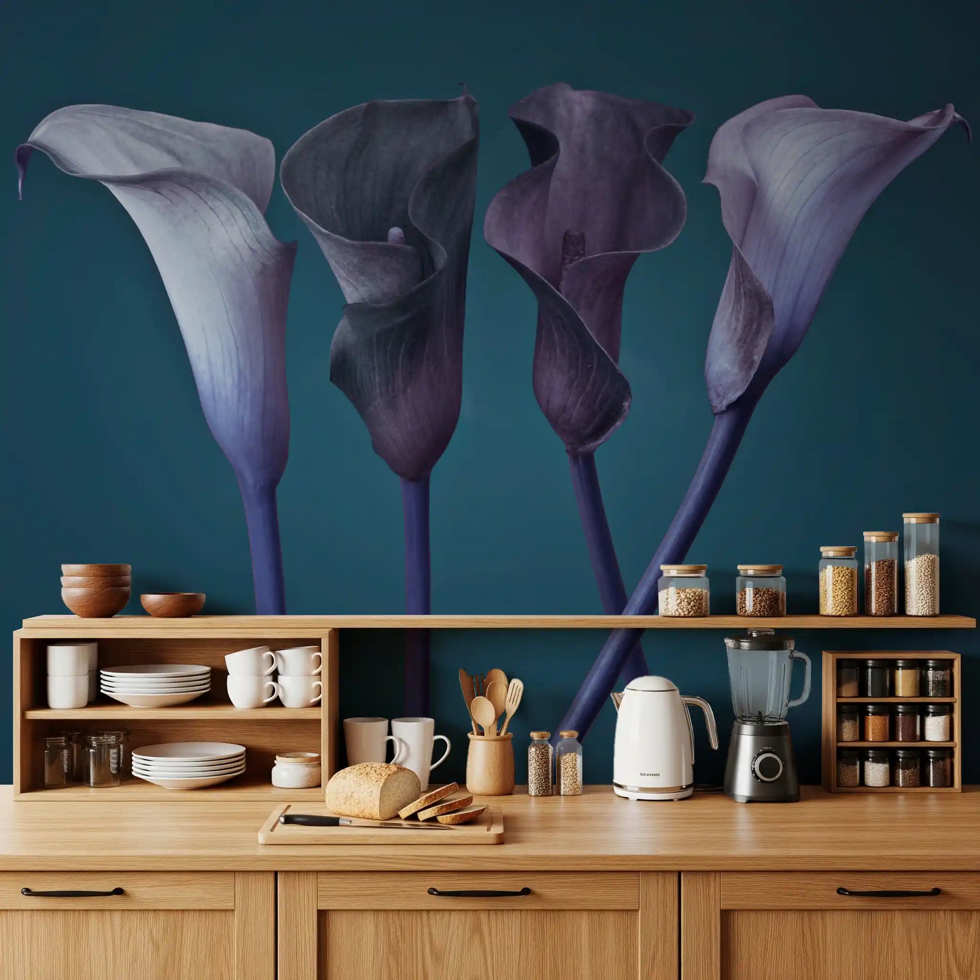 Kitchen in deep tones paired with the calla lily wall mural