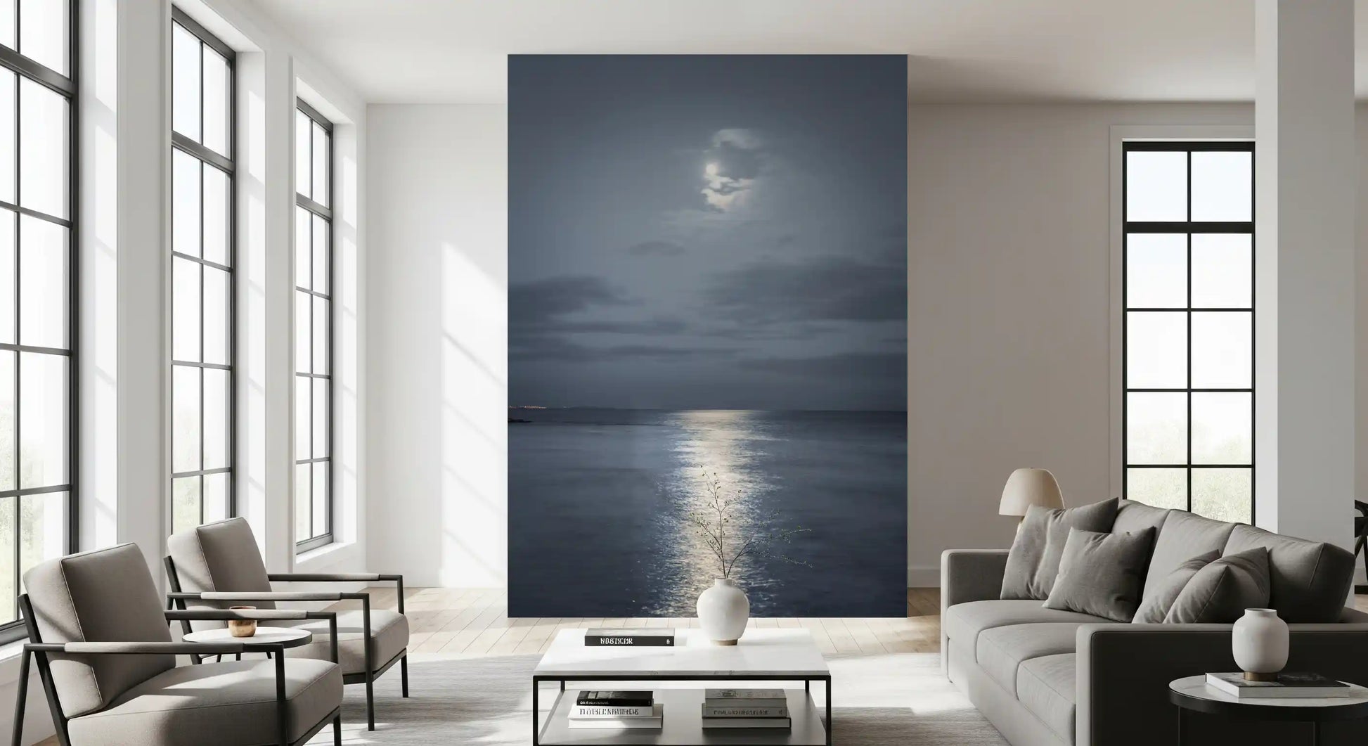 Silver reflection stretches down the moonlit seascape wall mural