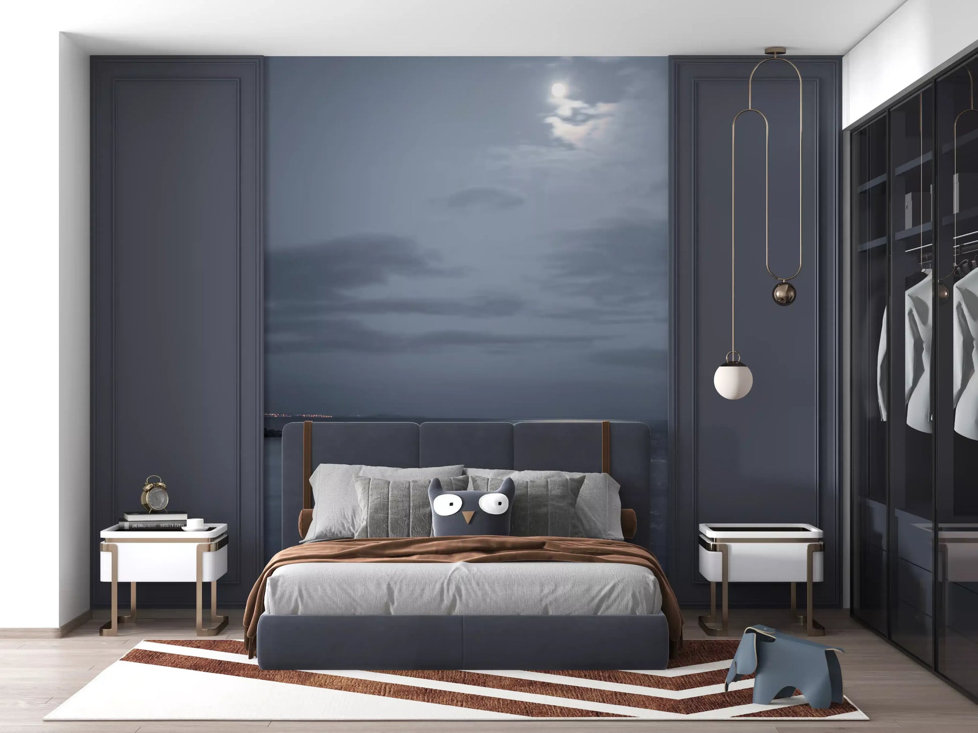 Moonlit Ocean Serenity wall mural set behind a bed in a deep blue bedroom