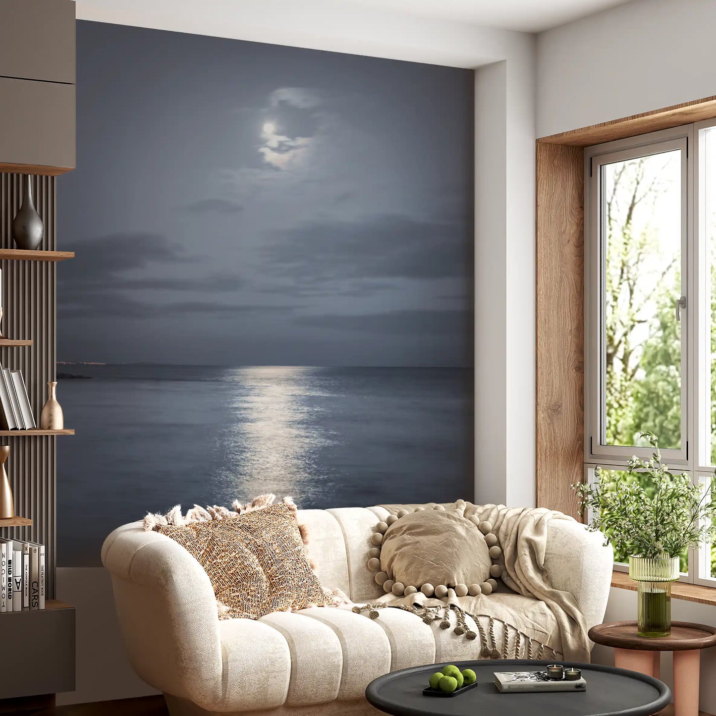 Glowing moon and water of Moonlit Ocean Serenity wall mural in a bright lounge