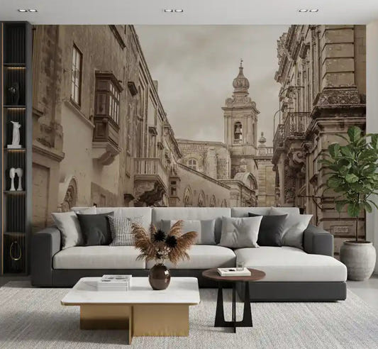 Sepia Mdina street and tower across a living room wall mura