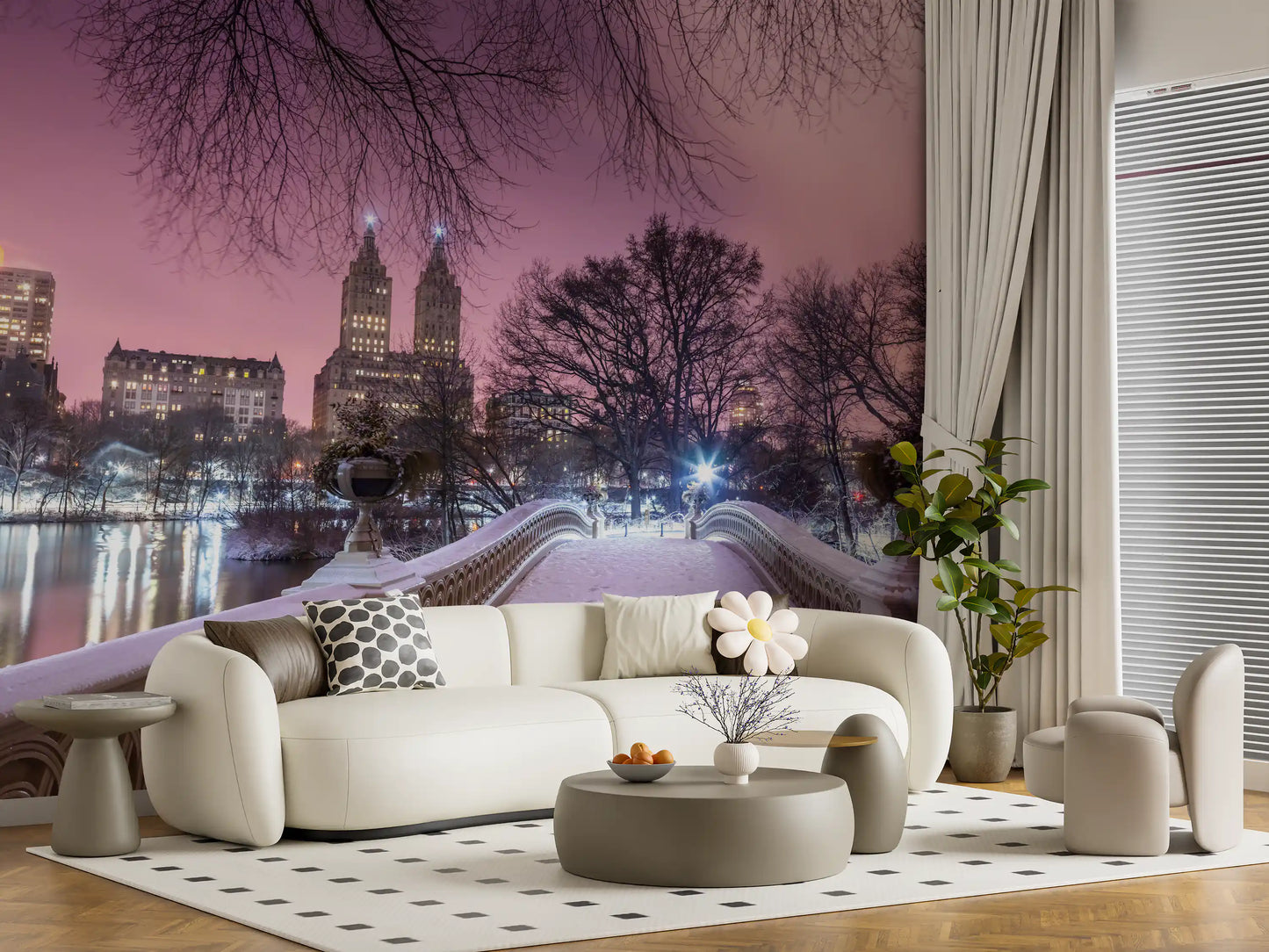 Pont Bow en hiver : fresque murale crépuscule rose de Central Park