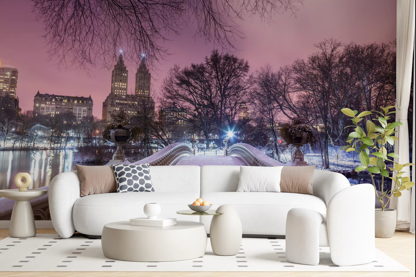Living room styled with a snowy Bow Bridge Winter wall mural at dusk