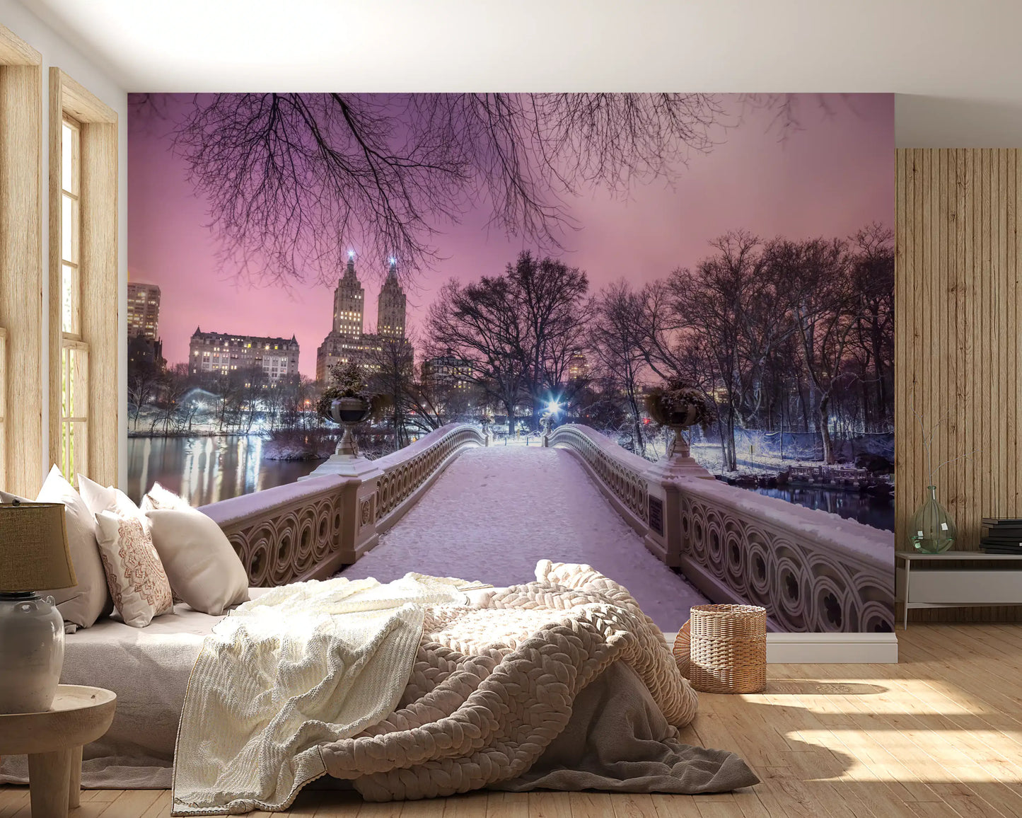 Pont Bow en hiver : fresque murale crépuscule rose de Central Park