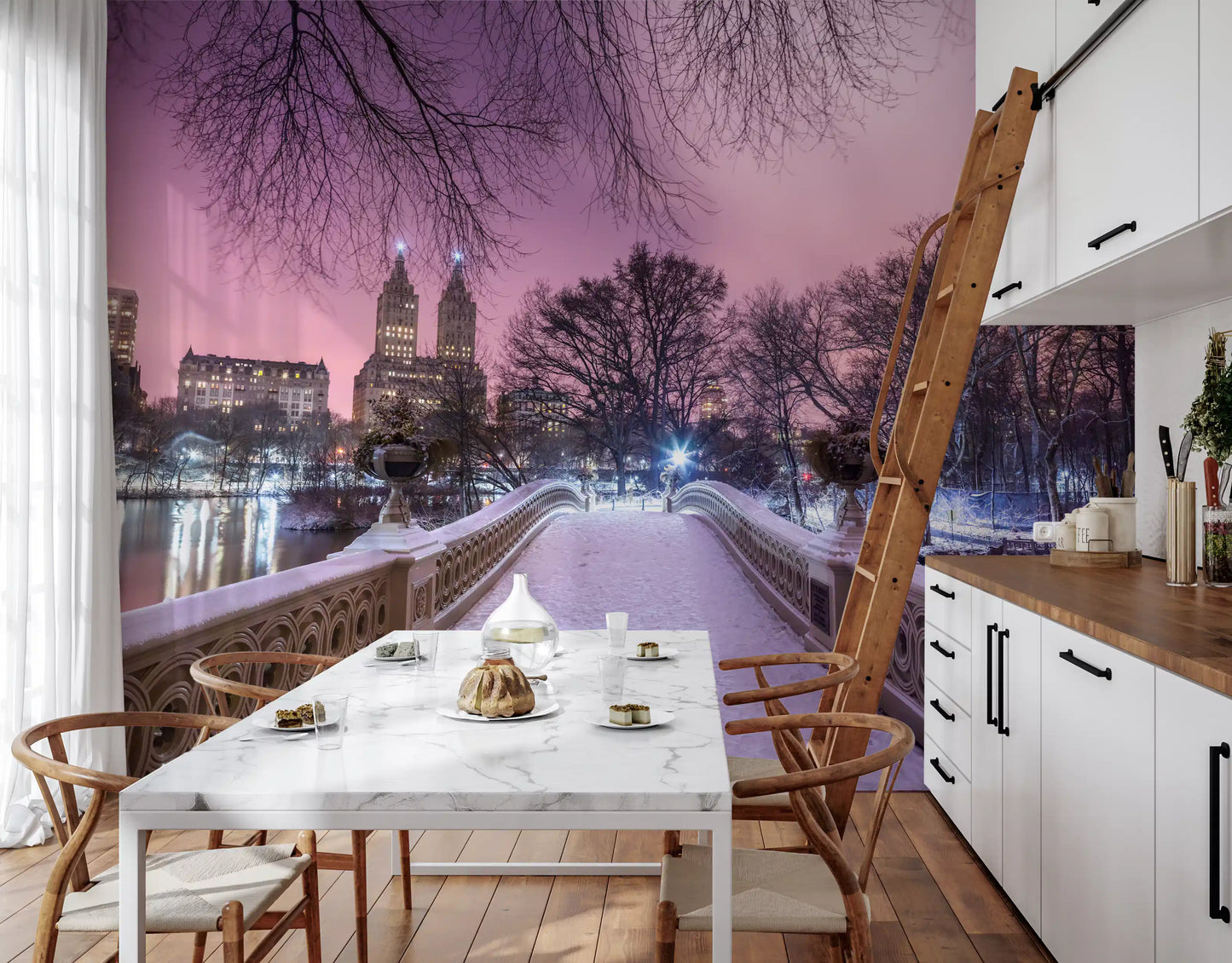 Pont Bow en hiver : fresque murale crépuscule rose de Central Park