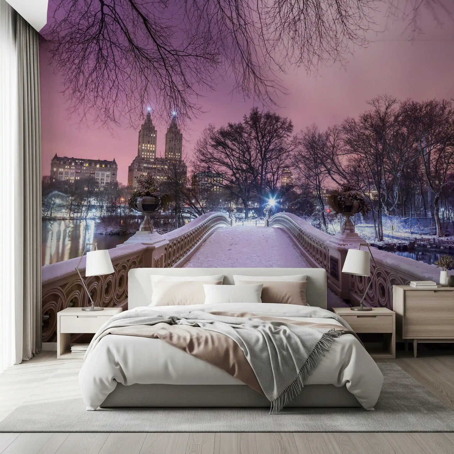 Pont Bow en hiver : fresque murale crépuscule rose de Central Park