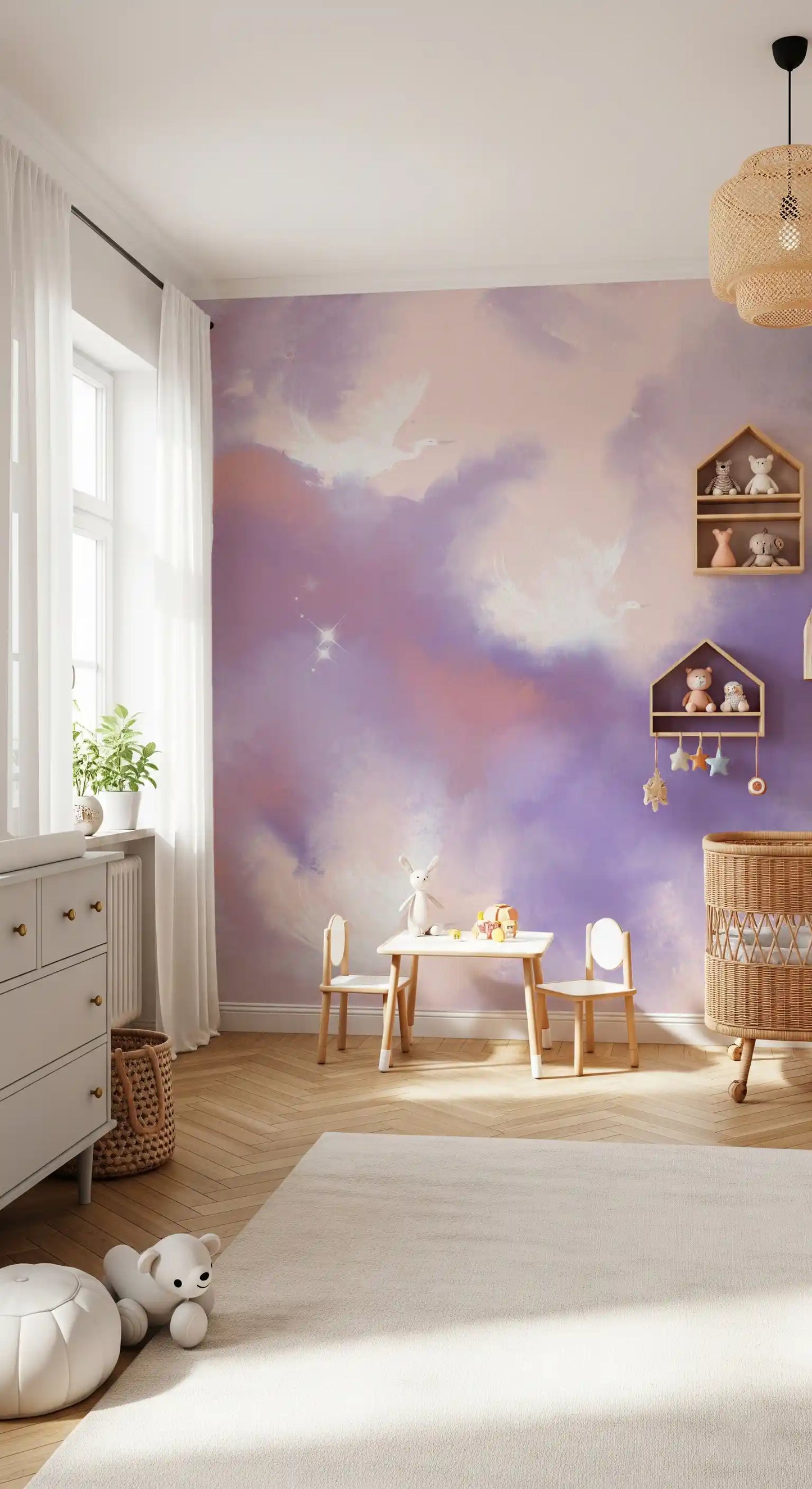 Ätherisches Lavendel-Rosa Himmel Flug Vögel Wandbild
