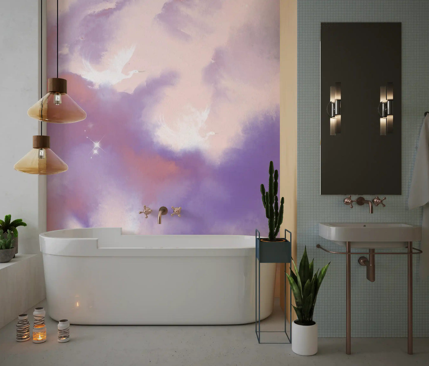 Ätherisches Lavendel-Rosa Himmel Flug Vögel Wandbild