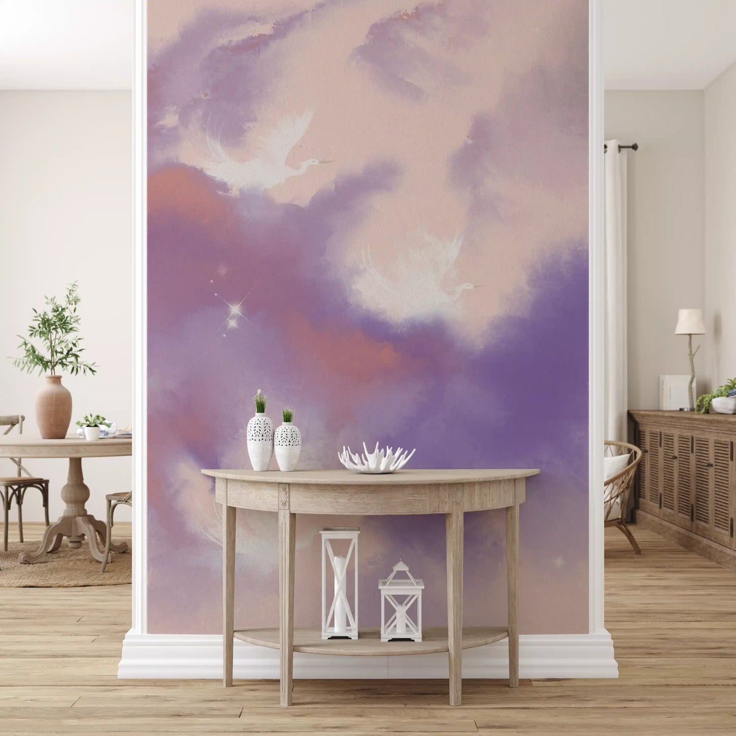 Ätherisches Lavendel-Rosa Himmel Flug Vögel Wandbild