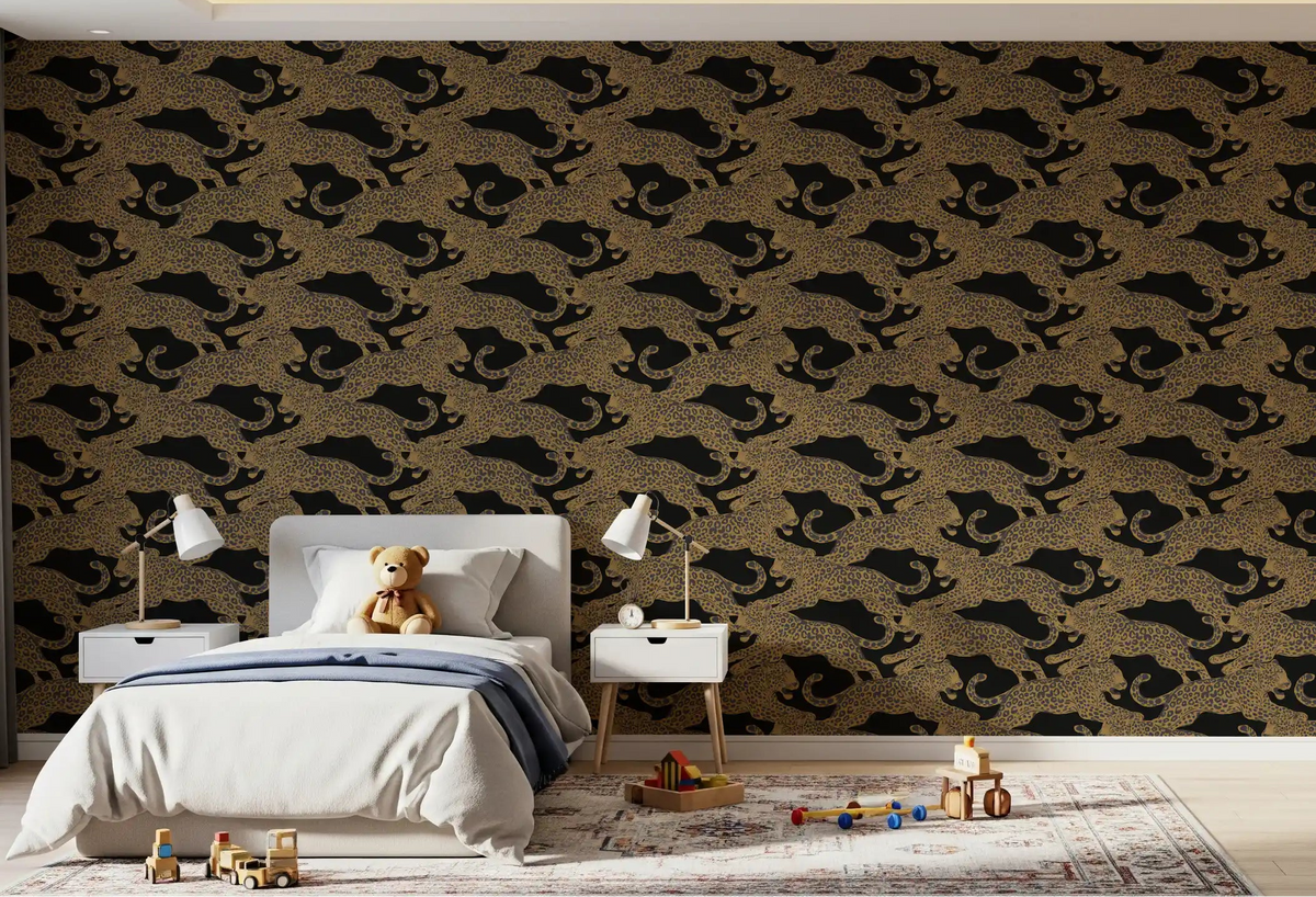Kids Bedroom styled around the Prowling Leopards Pattern wallpaper in gold and black 