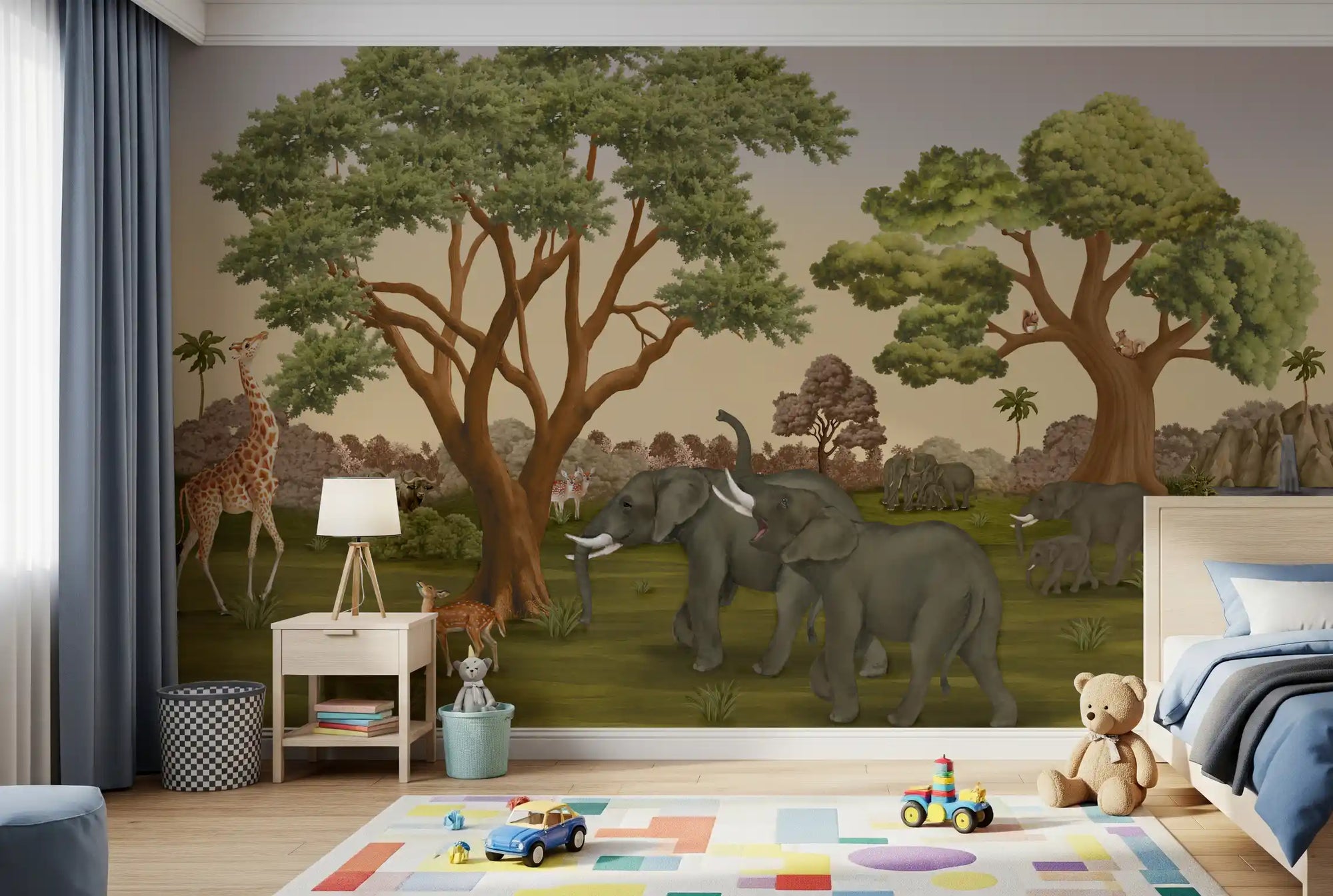 Kids' room styled around the Savanna Serenity safari scene with a wall mural