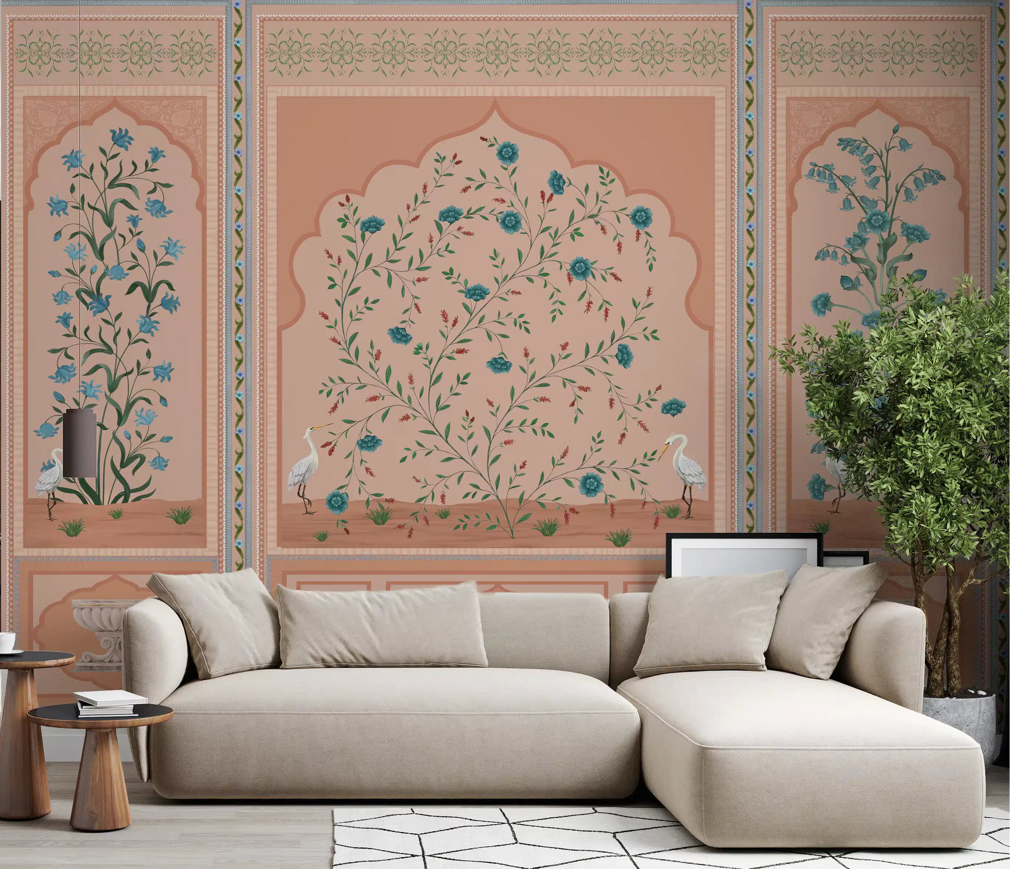 Living room styled around the Serene Mughal Panels wall mural in warm peach
