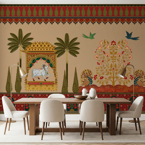 Dining room set with a Mughal garden sacred cow wall mural 