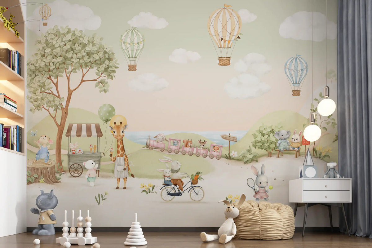 Nursery styled around the Whimsical Animal Adventure wall mural in pastel greens