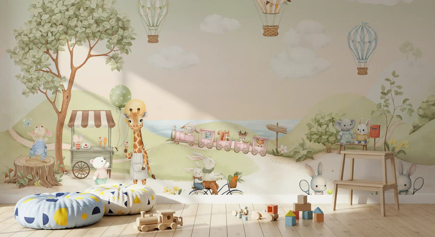 Whimsical Animal Adventure Wall Mural
