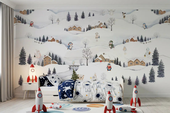 Arctic Village Playtime wall mural spread wide behind a kids' room play area
