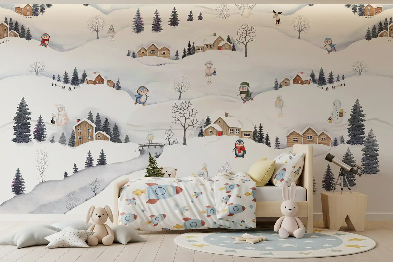 Nursery styled around the snowy Arctic Village wall mural and its cabins
