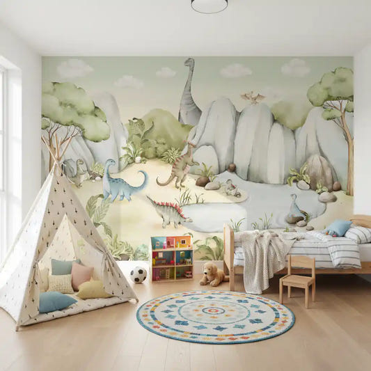 Kids' room styled around the Watercolor Dino World wall mural
