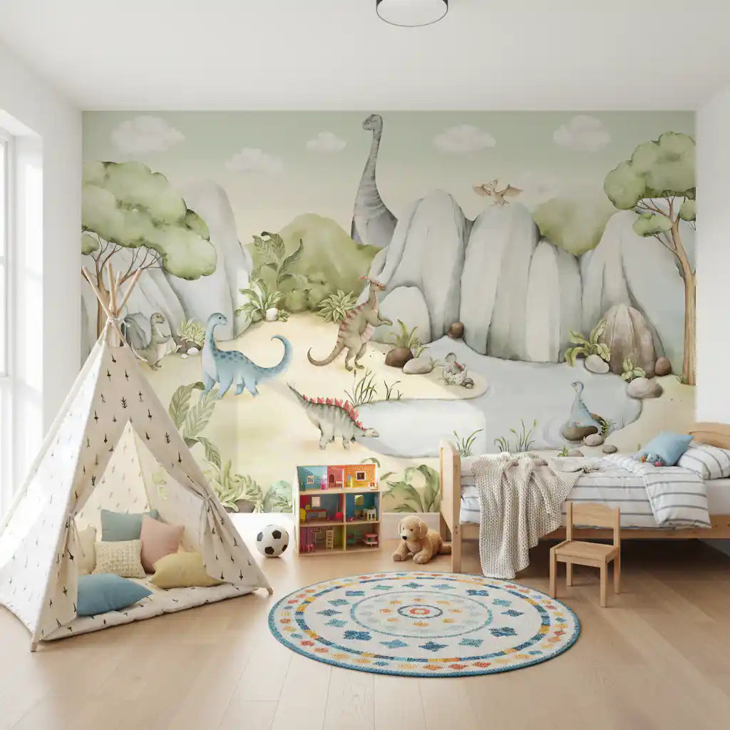 Kids' room styled around the Watercolor Dino World wall mural