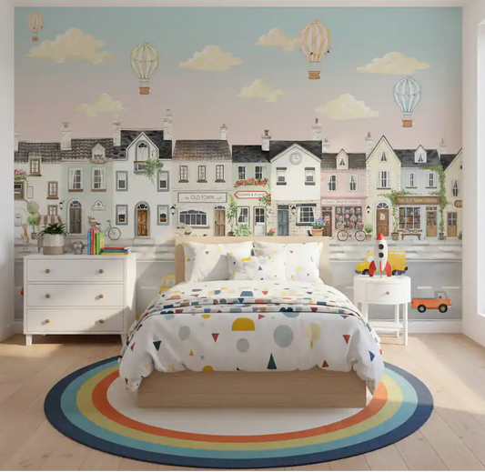 Whimsical Adventures wall mural fills a cosy bedroom feature space