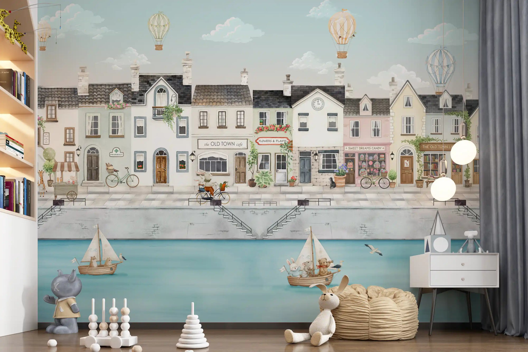 Quaint Canal Town wall mural setting a calm scene in a styled Nursery area 