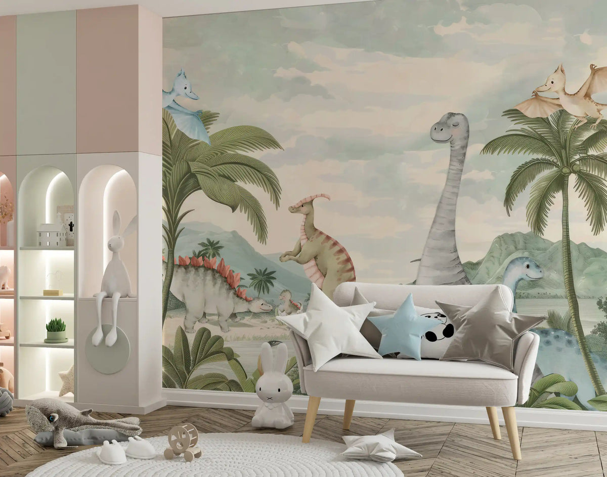 Whimsical Dino World Wall Mural with Palms and Sky