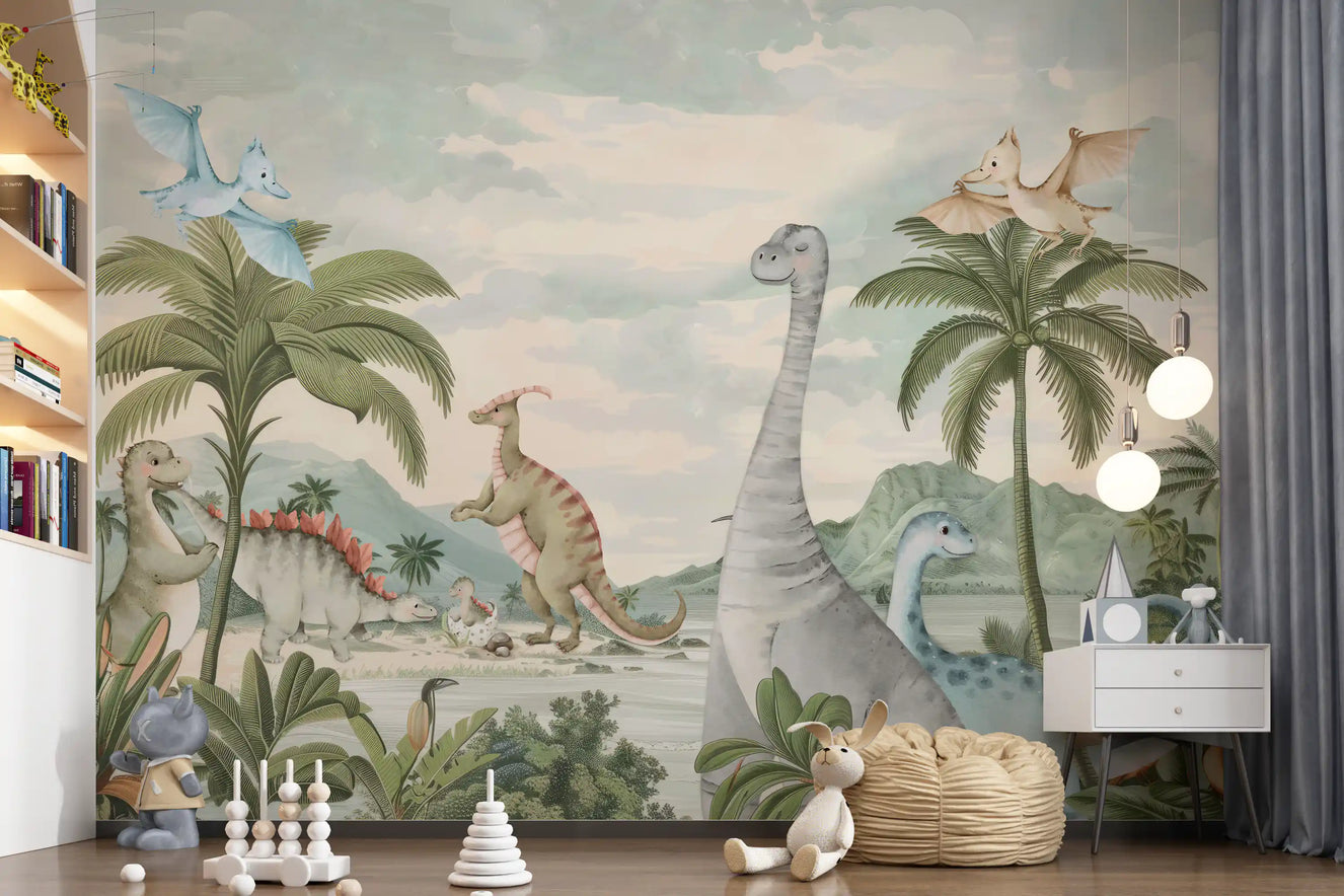 Kids' room styled with the Whimsical Dino  wall mural behind a small play nook