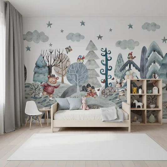 Kids bedroom with the Winter Woodland Friends wall mural 