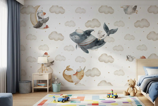 Kids Bedroom around the Nautical Cloud Dreams wall mural with a low bed and toy 