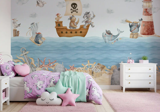Pirate ship and lighthouse scene from this wall mural styled in a Kids room 
