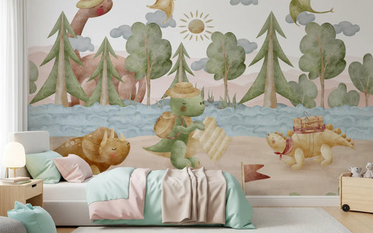 dinosaurs in the Dino Journey wall mural set inside a kids' room