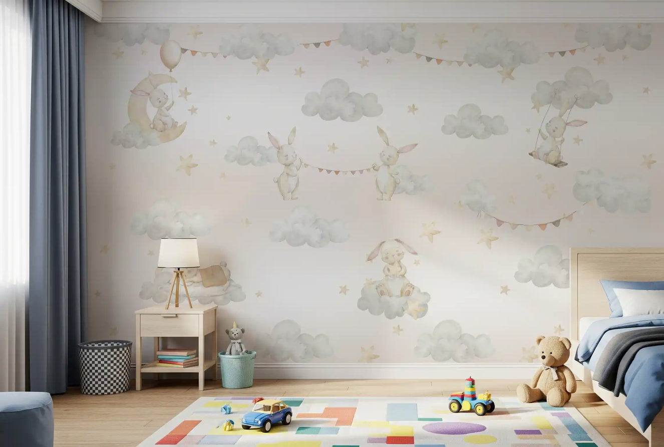 Toddler room styled with toys and the Dreamy Bunny Cloud wall mural 