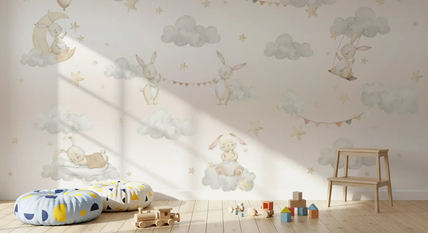 Dreamy Bunny Cloud Adventures Wall Mural