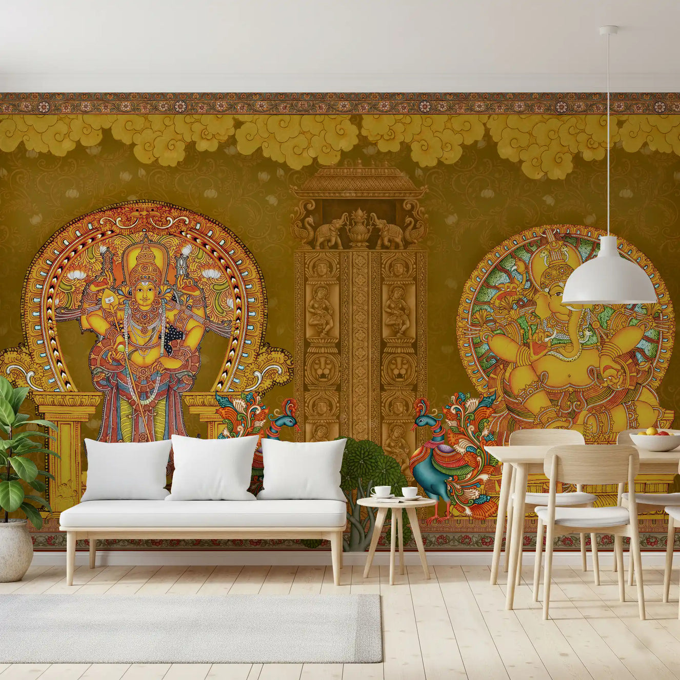 Dining room set with rattan chairs facing the Kerala Mural Deities wall mural