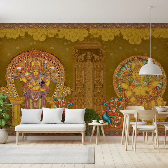 Dining room set with rattan chairs facing the Kerala Mural Deities wall mural