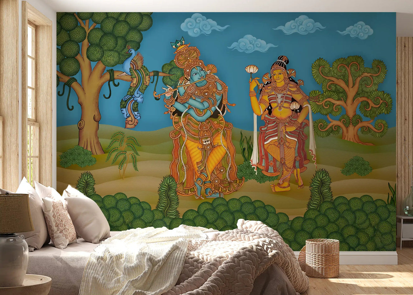 Bedroom styled around the Divine Melody Lotus Bloom wall mural 
