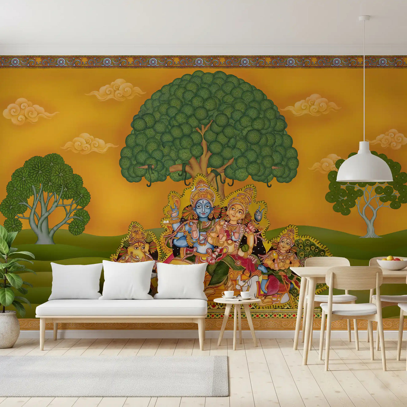 Dining room set in calm with the Eternal Divine Union wall mural 