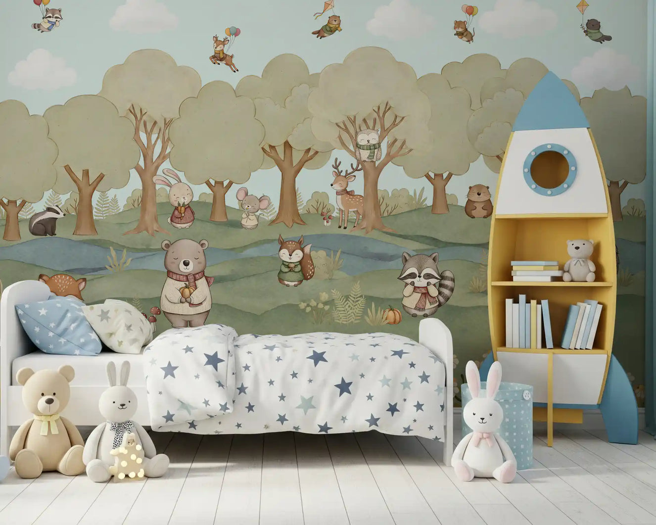 Kids' bedroom showcasing the Whimsical Woodland Friends wall mural 