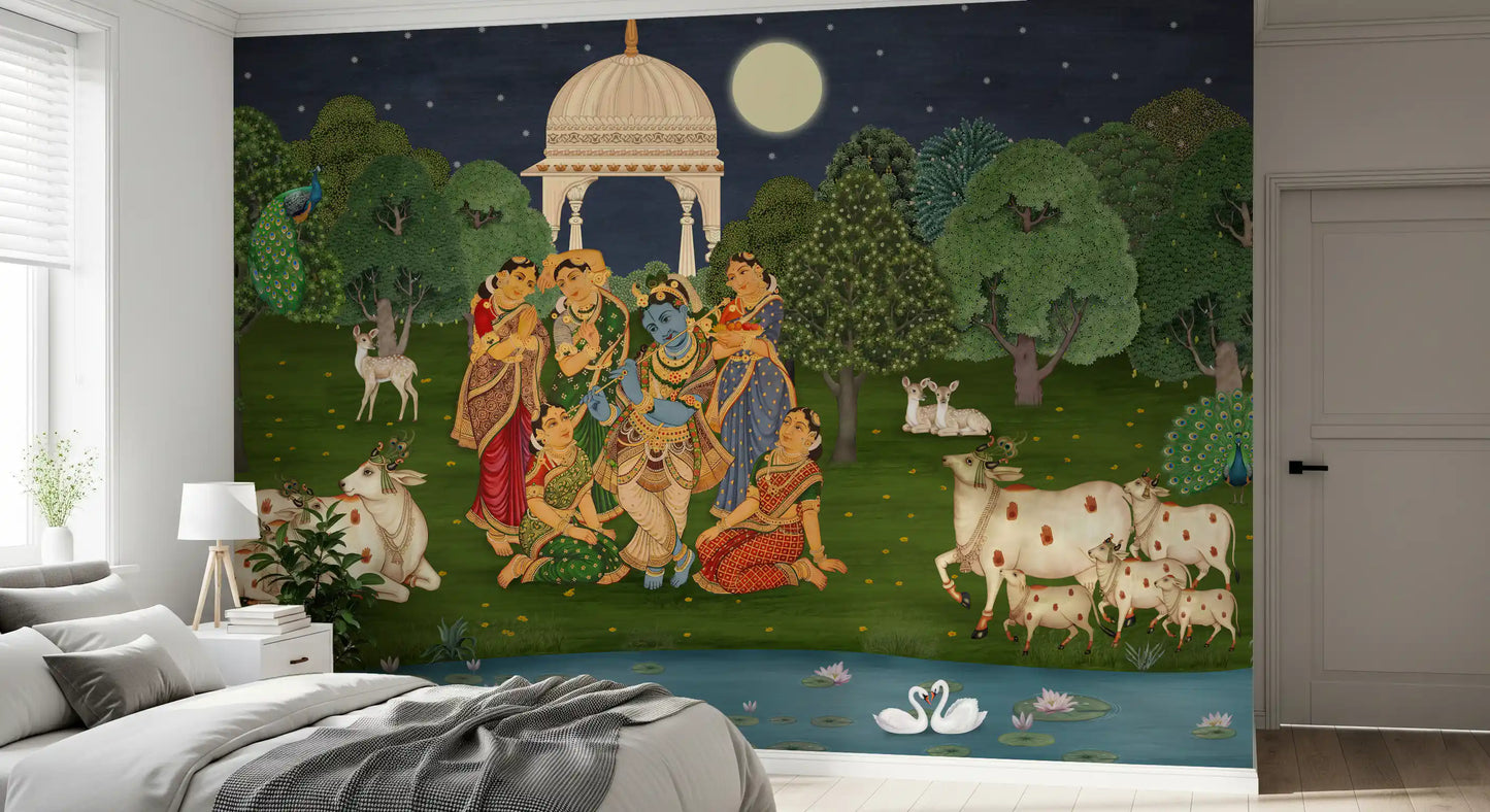 Flûte Divine : Fresque Murale Clair de Lune de Vrindavan