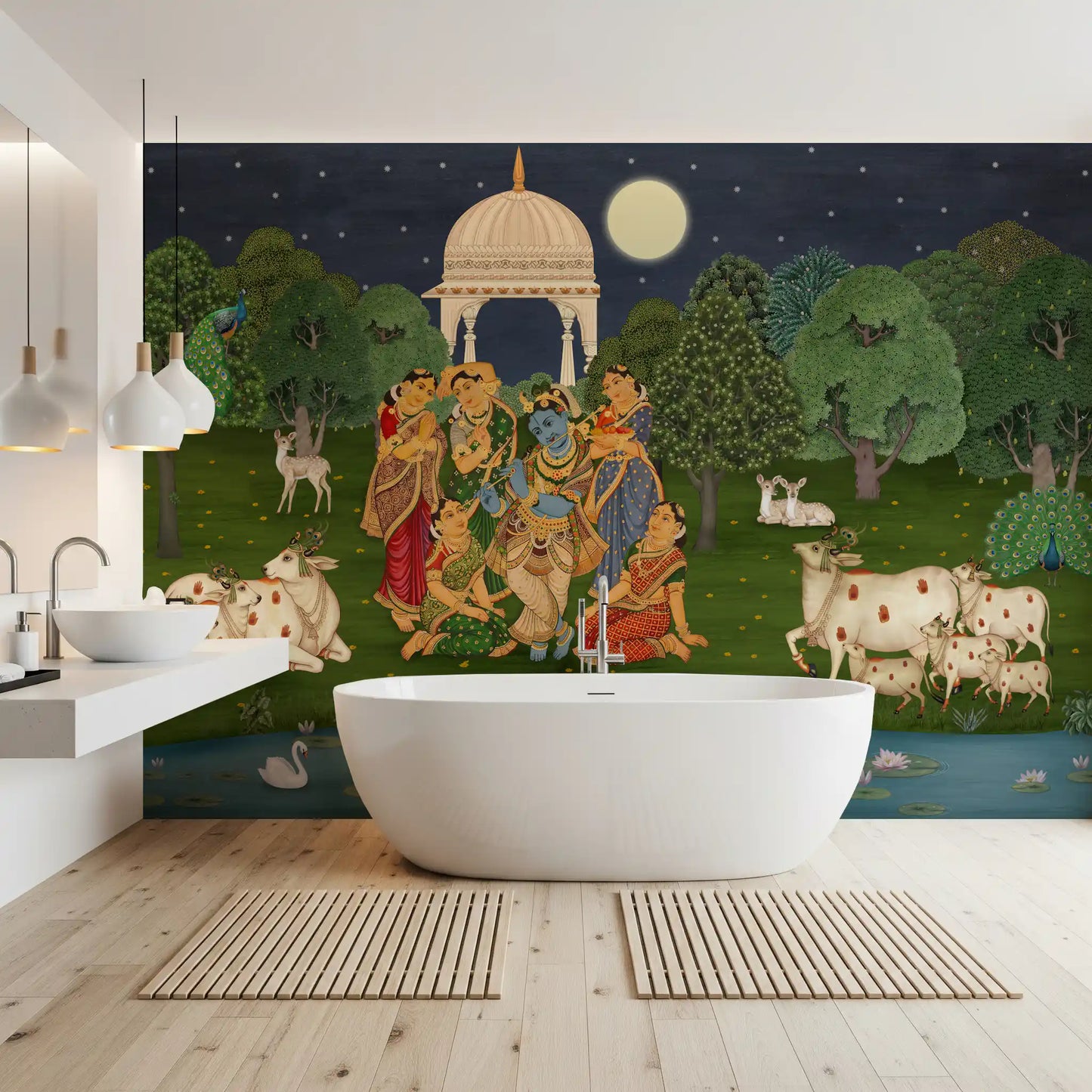 Flûte Divine : Fresque Murale Clair de Lune de Vrindavan