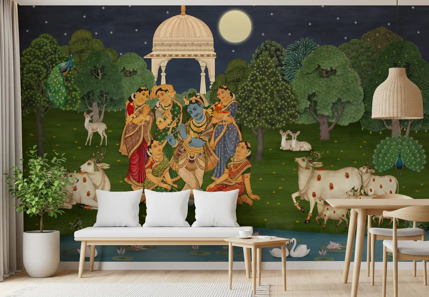 Flûte Divine : Fresque Murale Clair de Lune de Vrindavan