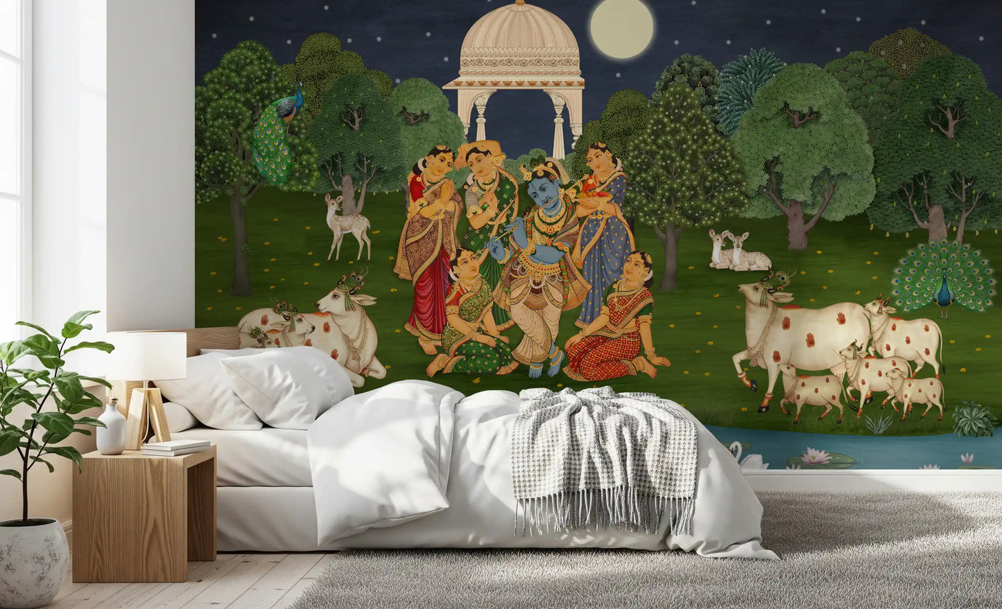 Flûte Divine : Fresque Murale Clair de Lune de Vrindavan