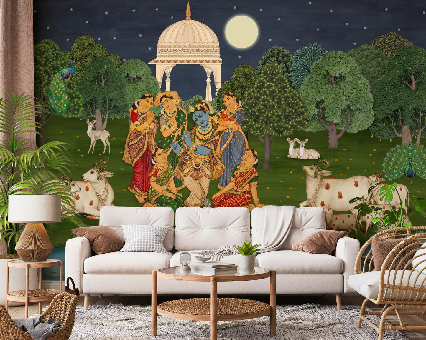 Flûte Divine : Fresque Murale Clair de Lune de Vrindavan