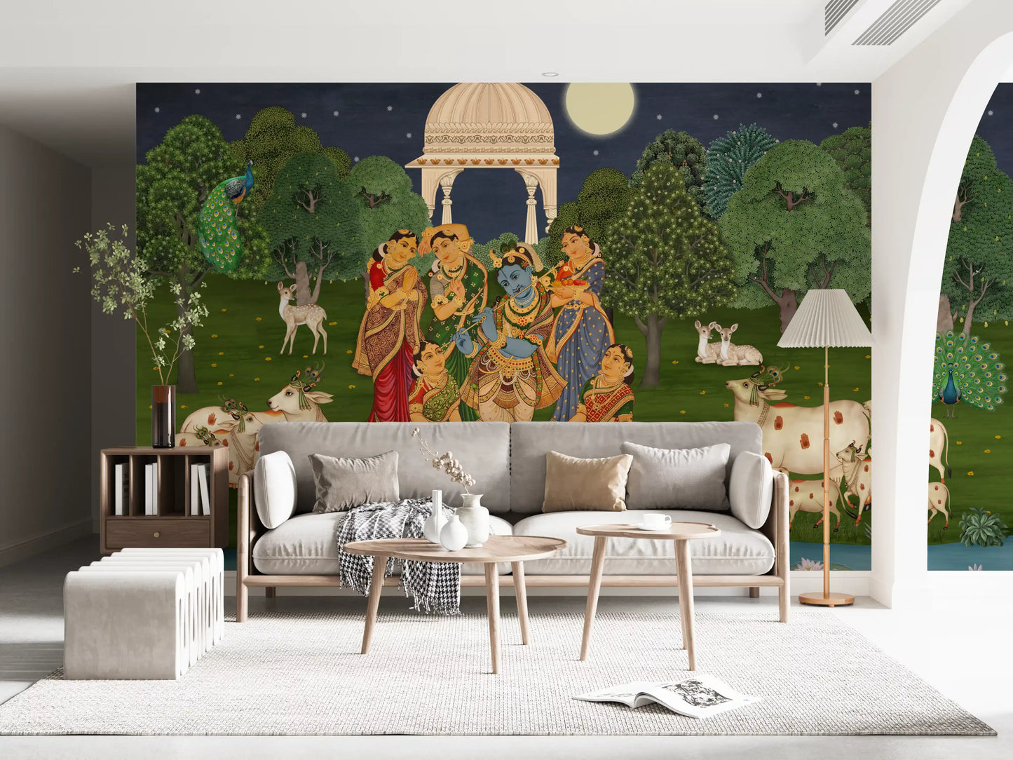 Flûte Divine : Fresque Murale Clair de Lune de Vrindavan