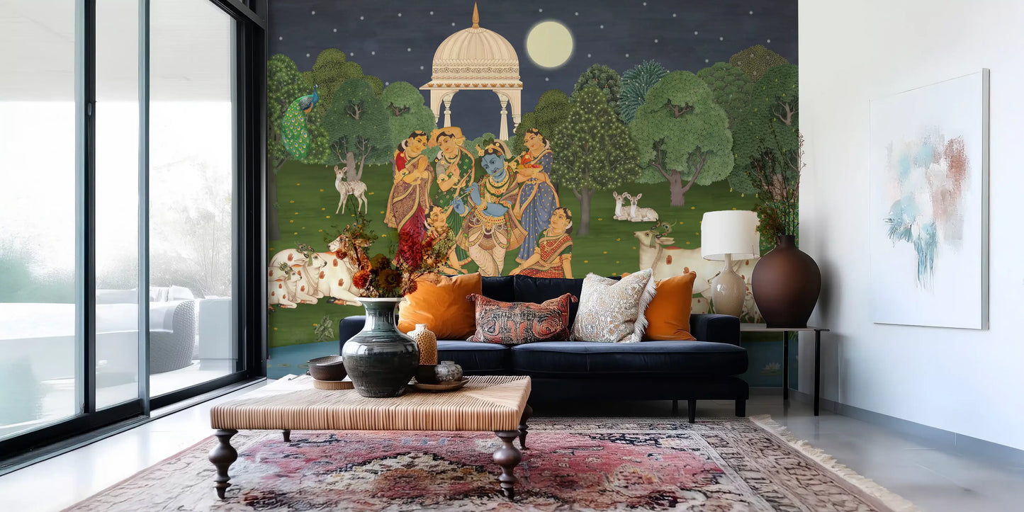 Flûte Divine : Fresque Murale Clair de Lune de Vrindavan