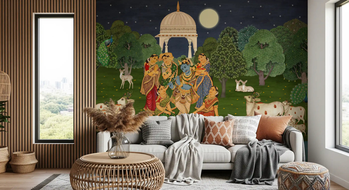 Flûte Divine : Fresque Murale Clair de Lune de Vrindavan