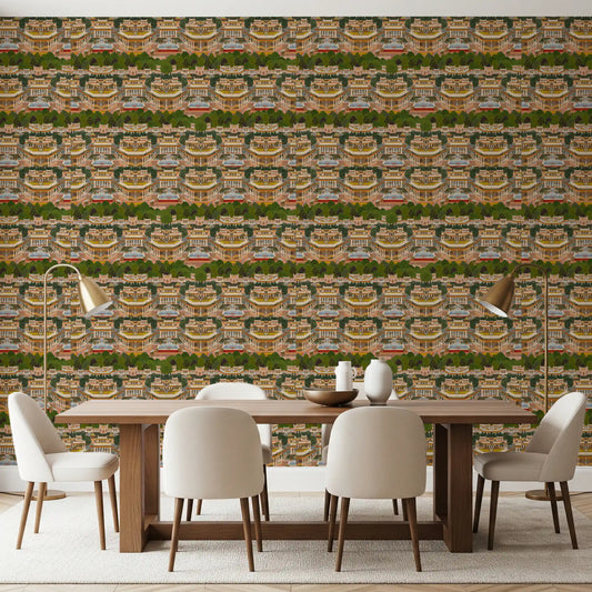 Dining room wallpaper showing pink palaces and green gardens 