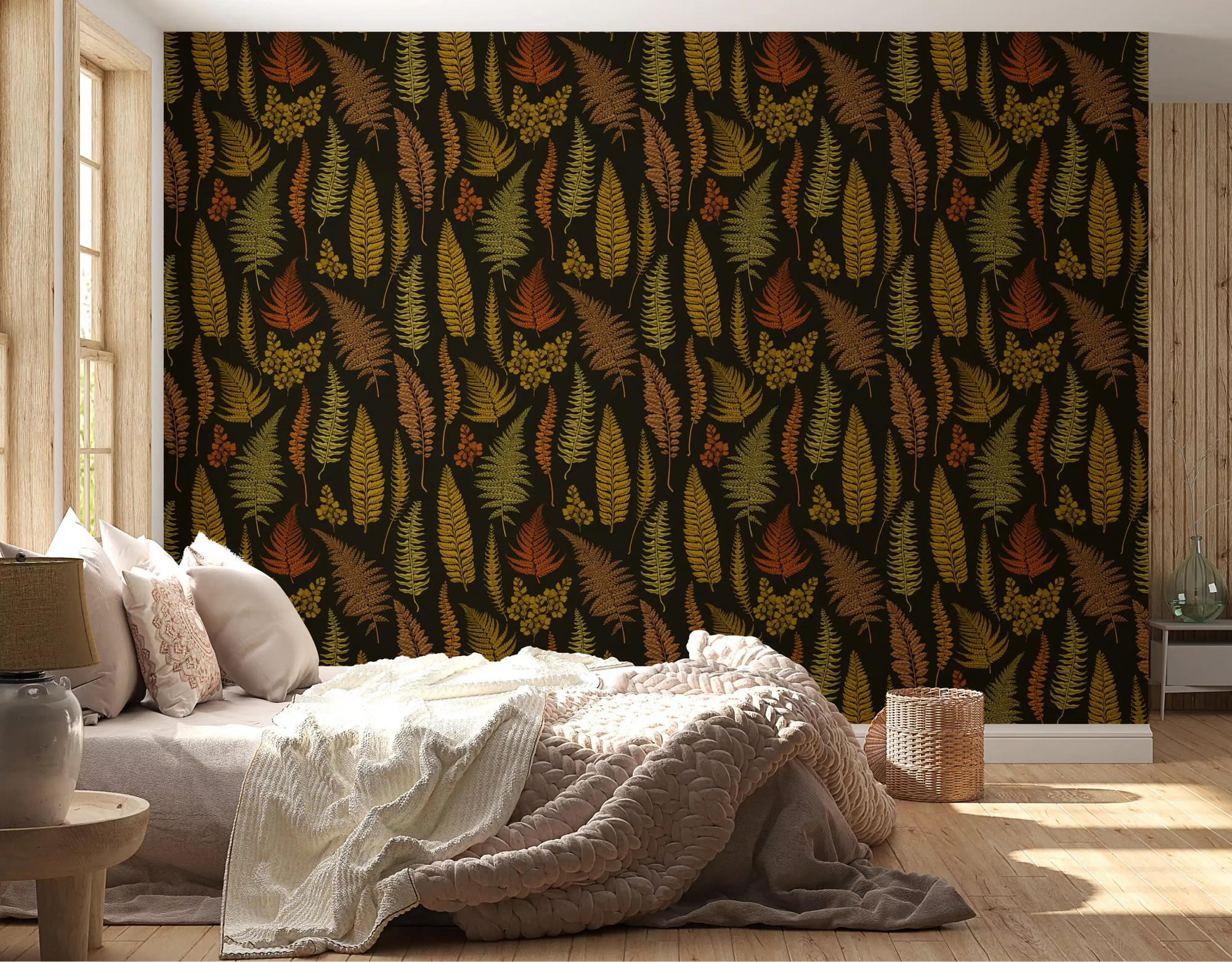 Yellow and rust fronds spread across a calm bedroom in this Ferns Wallpaper.