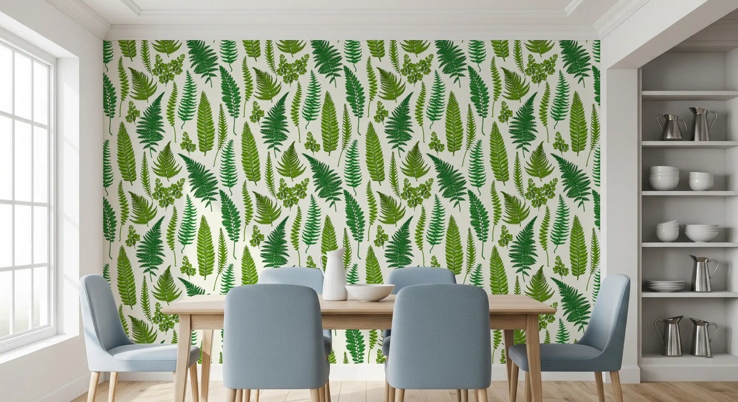Papier peint fougères sur blanc naturel